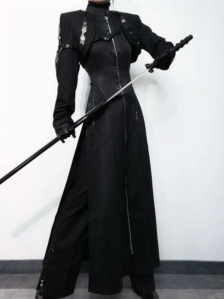 Black Unisex Gothic Snakeskin-Grain Long Coat with False Two-Piece Design & Dual Zips - Wu Xiang Gui Shi