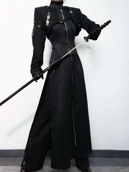 Black Unisex Gothic Snakeskin-Grain Long Coat with False Two-Piece Design & Dual Zips - Wu Xiang Gui Shi