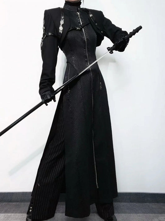 Black Unisex Gothic Snakeskin-Grain Long Coat with False Two-Piece Design & Dual Zips - Wu Xiang Gui Shi