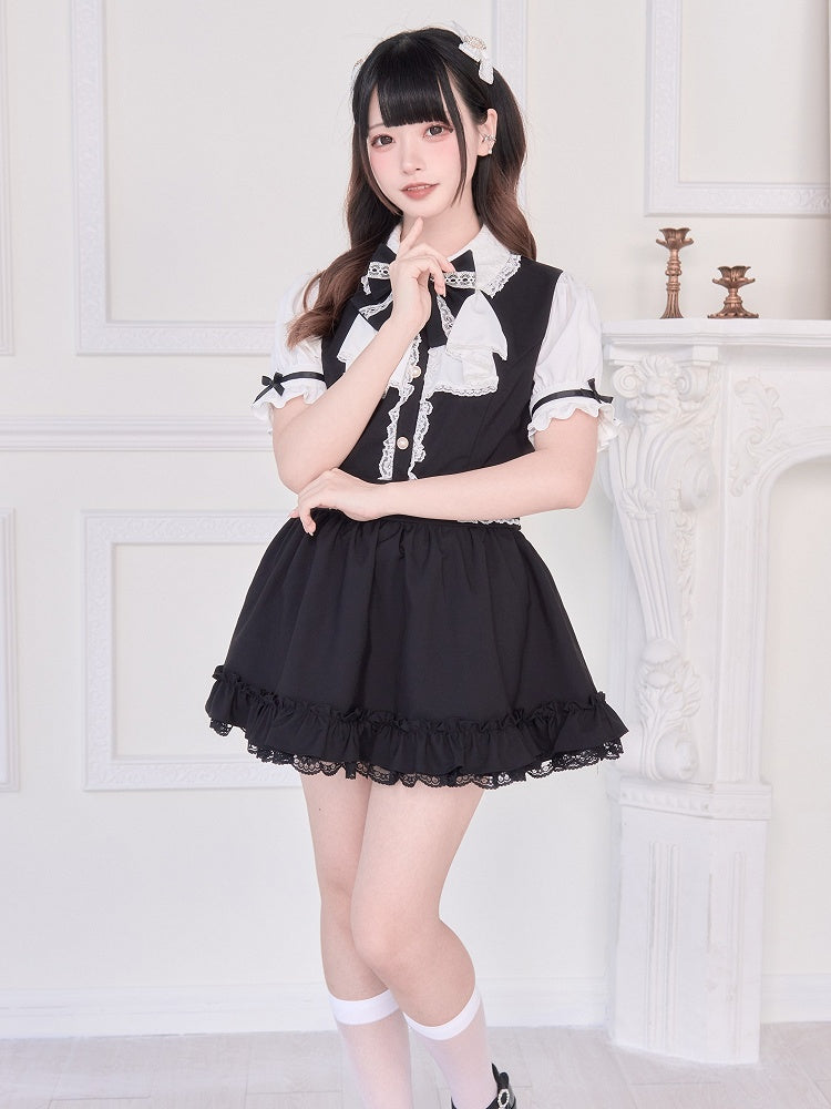 Short Sleeve Set: Shorts with Back and Straps Two-Piece Black Dress Matching Self-Tie Jirai Kei