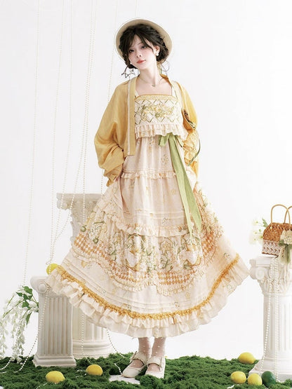 Lemon and Jasmine Theme Beige Embroidery Long Slip Dress with Hanfu Element Design - Luo Xiu Dong Xiang