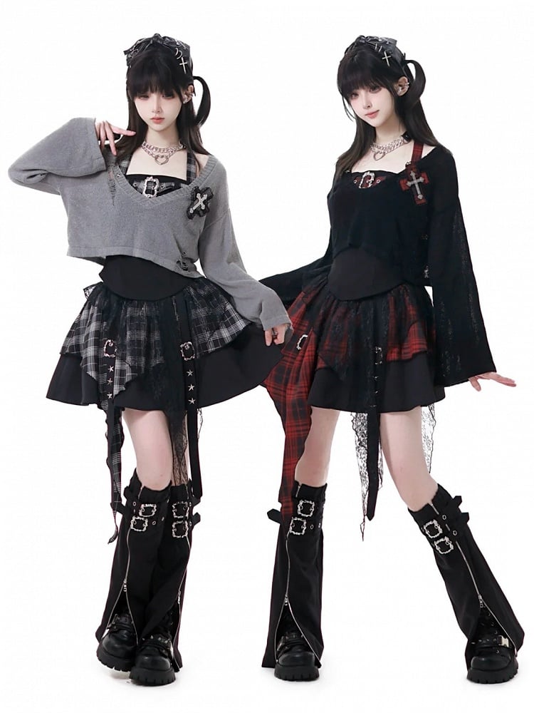 Y2K with Sweater Plaid Decor Gray/Black V-Neck Cross Distressed Holes Knit Grunge