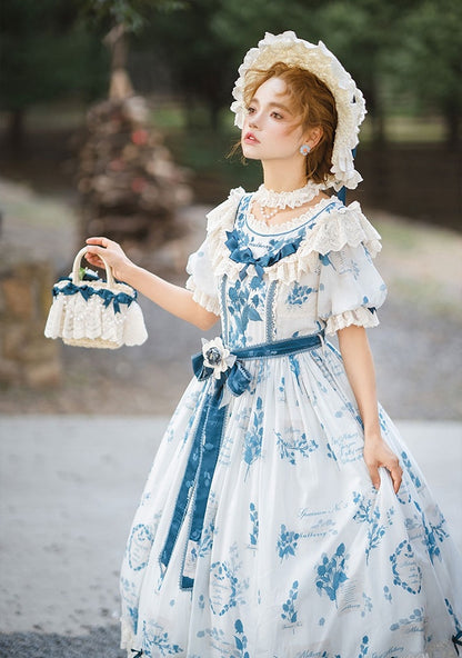 Poetry‌ Print Blue and Sizes Classic Sash Dress Plus with Available Self-tie Elegant Mulberry Lolita
