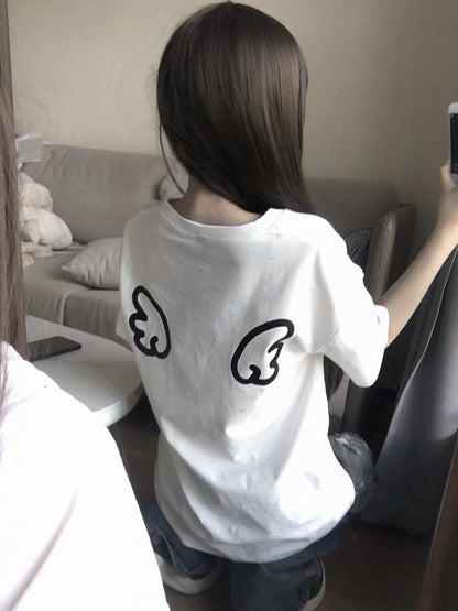 with Embellishment Crewneck White Sequins Wing Cotton T-shirt Pattern