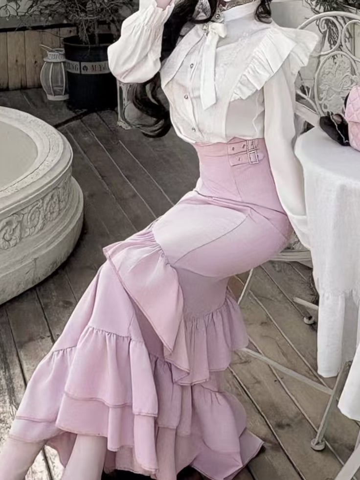Pink - Ruffled Mermaid Rhinestone Style Long-Sleeve Two-Piece Jirai White Bow Pure Set Kei + Top Skirt