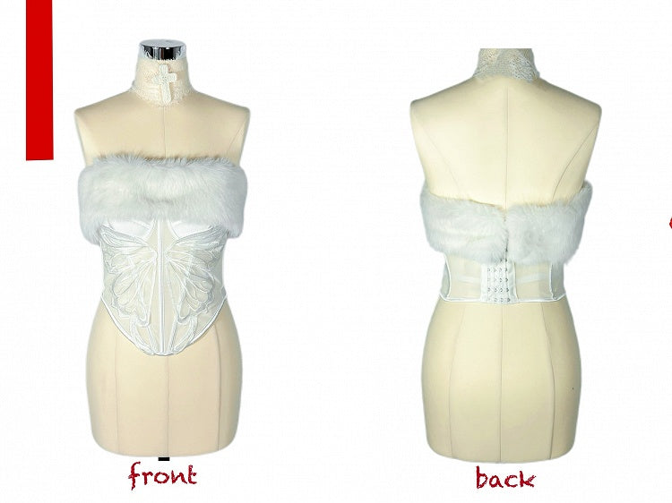 Gothic White Plush Neckline Butterfly Semi-sheer Boned Corset