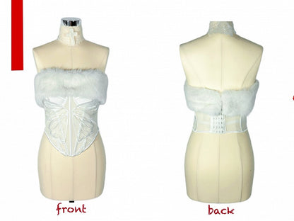 Gothic White Plush Neckline Butterfly Semi-sheer Boned Corset