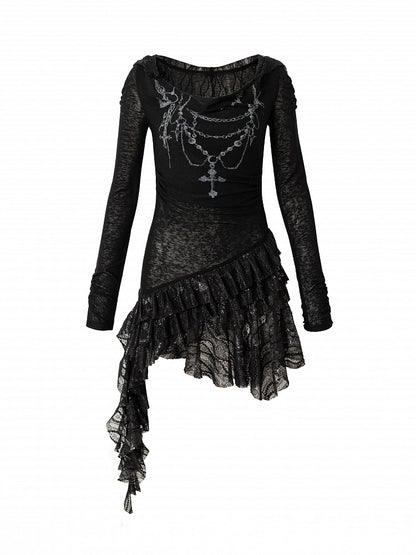 Asymmetric Tiered Lace Dress Cross with Hood Black Hem Print Punk