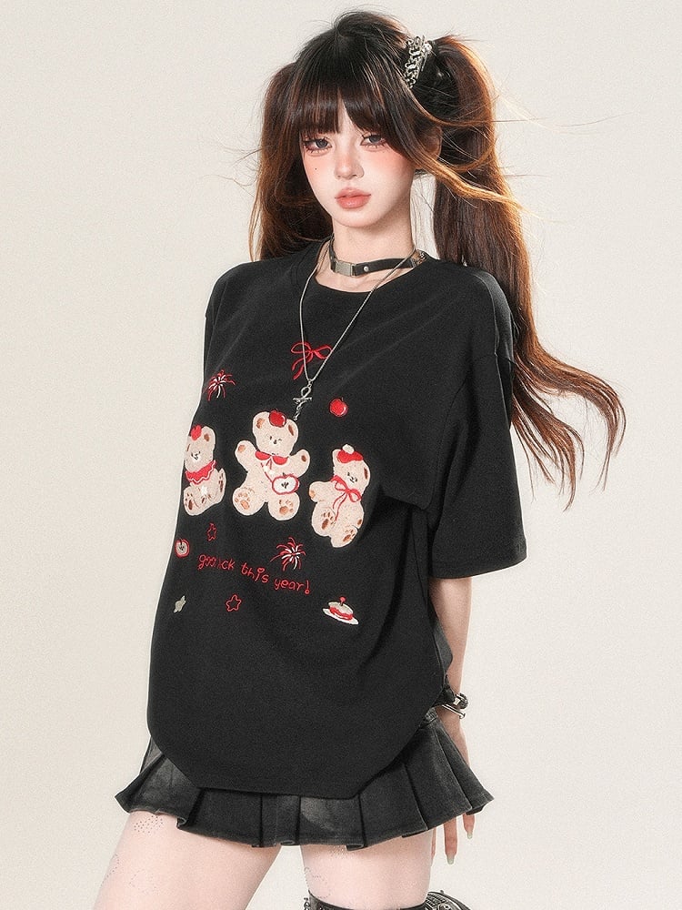 ホワイト/ブラックのかわいいデイリーアップリケベア刺繍Tシャツレター花火