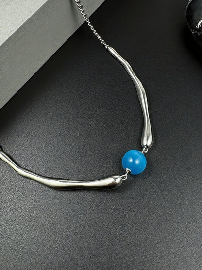 Punk Style Silver Necklace with Azure Bead Detail - YSHXS