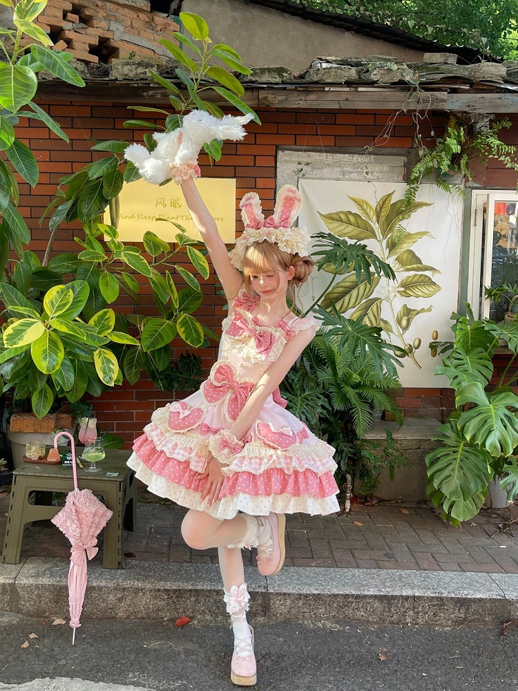 Pink Layered Sweet Lolita JSK Gown Featuring Oversized Bow & Heart Motifs - Sweet Crystal