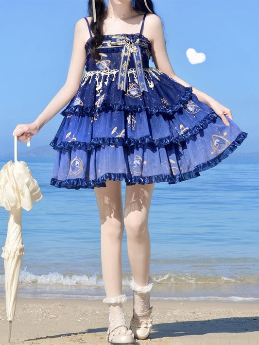 Navy Blue Celestial Globe &Starry Empire Waist Lolita Jumper Skirt