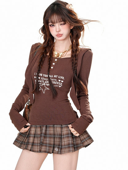 グレー/ブラウン レタープリント スリムフィット ロングスリーブ フード付きTシャツ