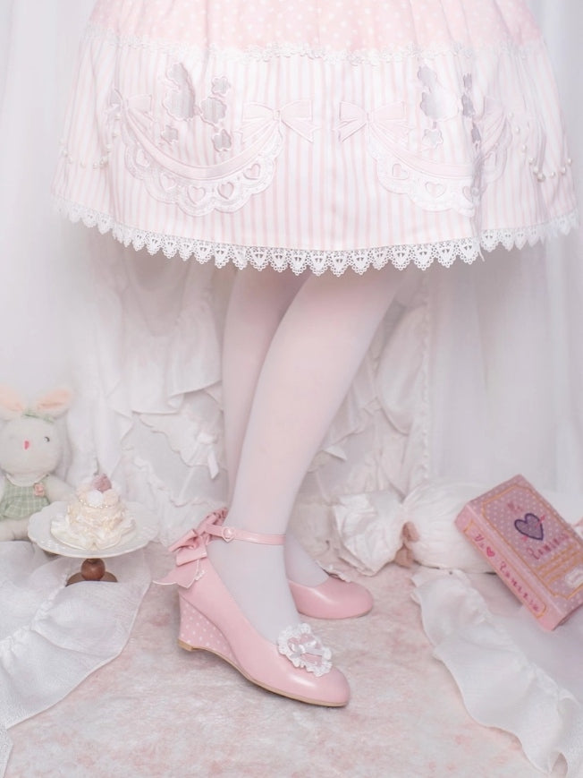 - Janes Heart Wedge Detachable Pink Mary Sweet PU Trimmed Lace Lolita