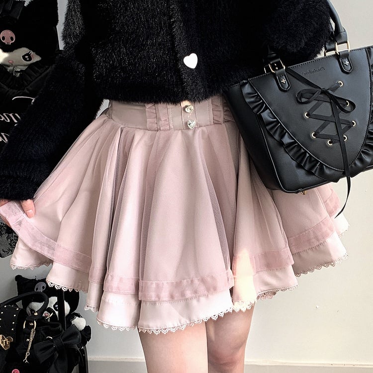 Pink Jirai Kei High-Waisted Tulle Skirt with Self-Tie Straps