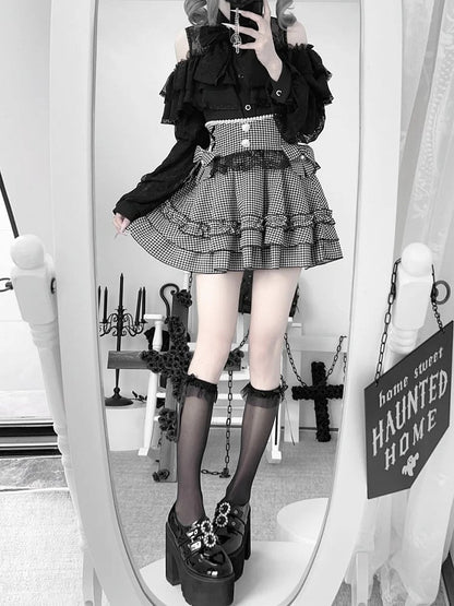 Kei High-Waist Skirt:Elegant Houndstooth Black Laceand Designwith Beading Jirai