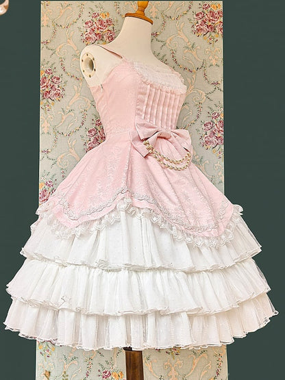 Bow Classic Dress and Pink with White Bead Elegant Layered Lolita Ruffle Accents