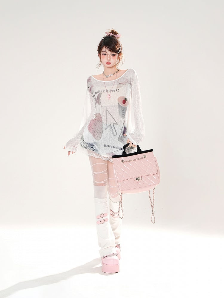 Erdbeerdruck Asymmetrischer Ausschnitt Weiß/Pink