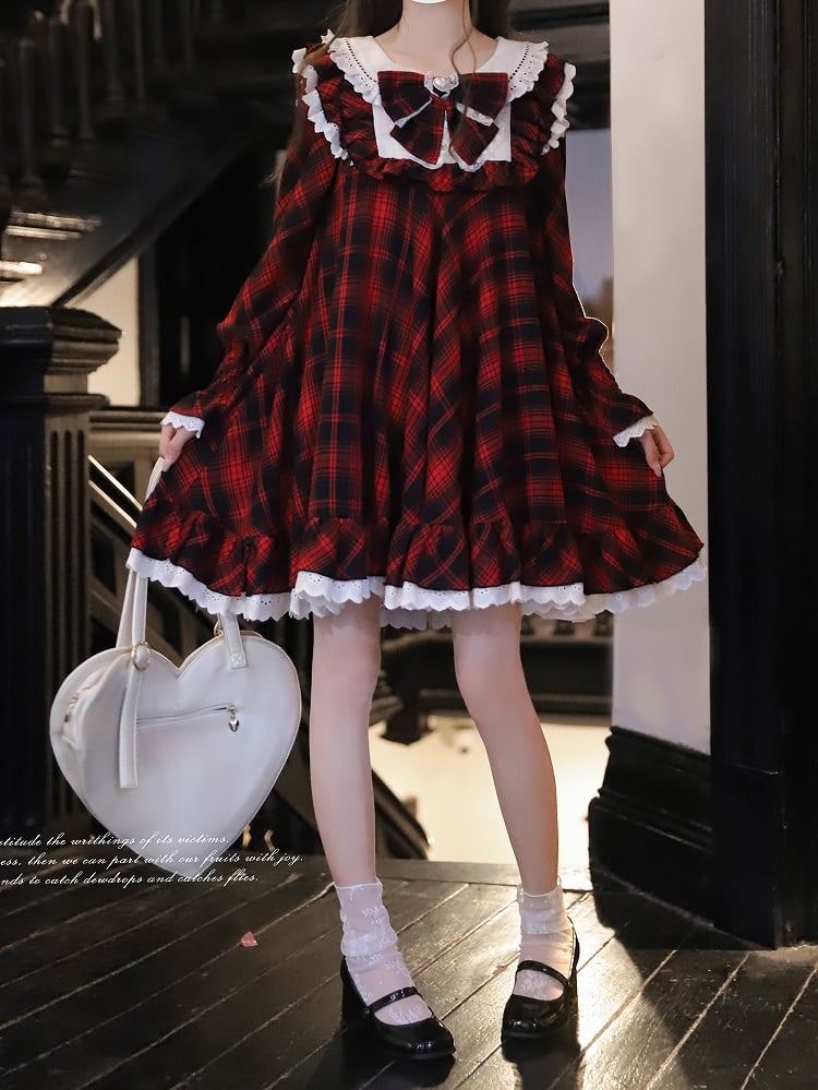 Black Silhouette Sleeves Doll Dress: A-Line Tiered Flutter with Plaid Red