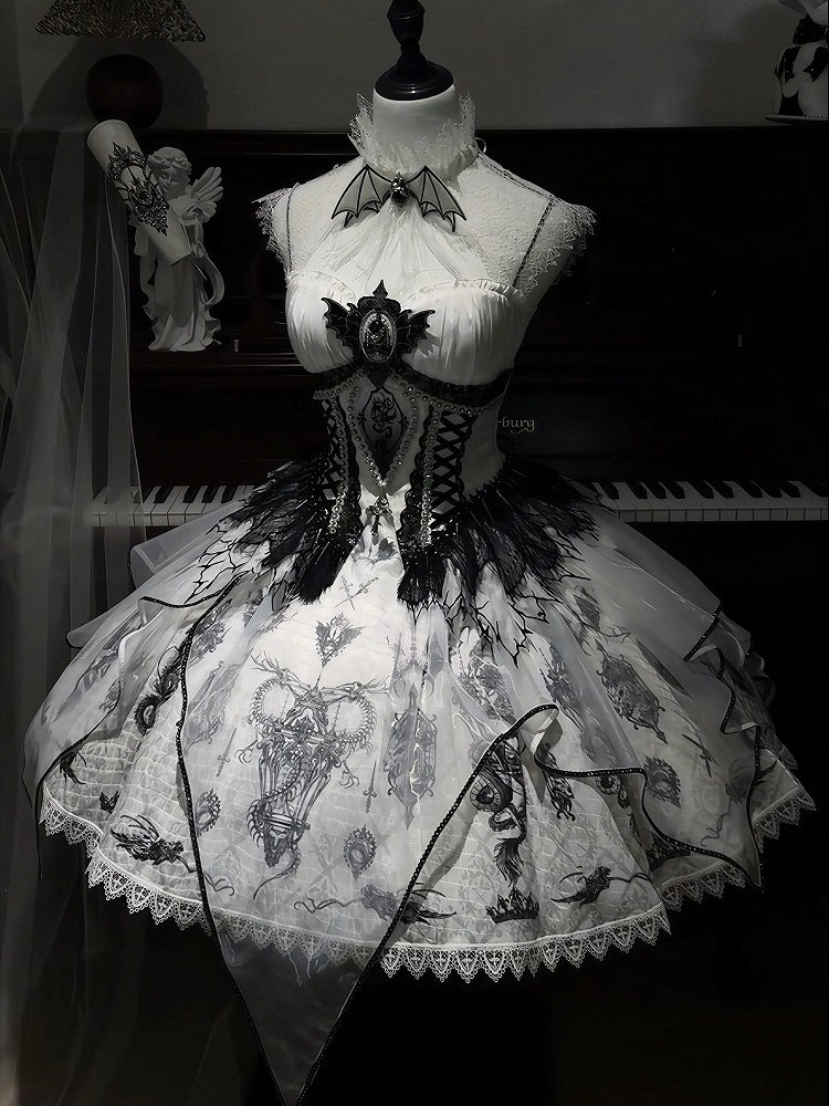 Black & White Bone Dragon Embroidery Halter Neck Gothic Lolita Dress Set - Ying Luo Fu