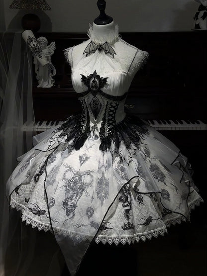 Black & White Bone Dragon Embroidery Halter Neck Gothic Lolita Dress Set - Ying Luo Fu