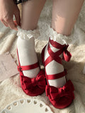 Lolita Red Ankle Round Bow Top Elegant Mary Lace-up Toe at Janes Satin Heel Mid