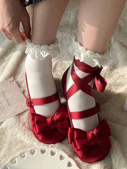 Lolita Red Ankle Round Bow Top Elegant Mary Lace-up Toe at Janes Satin Heel Mid