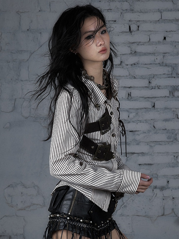 ブラウンホワイトバックルレースアップ柄ストライプデザインウェイストランド装飾シャツパンク