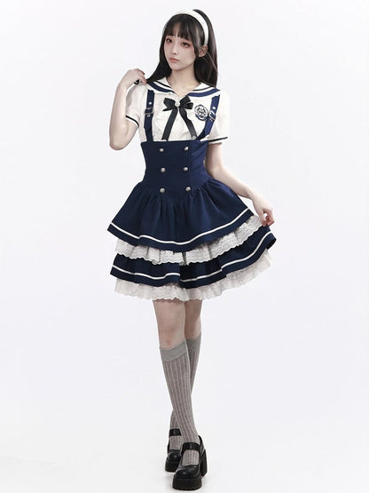White Sailor Collar Puff Sleeve Blouse with Bow - PINK SAVIOR