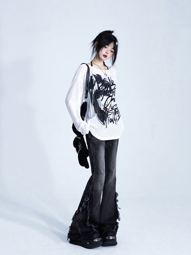 Seams Side with Wash Raw Hem Low-Waisted Black Flare Jeans Vintage