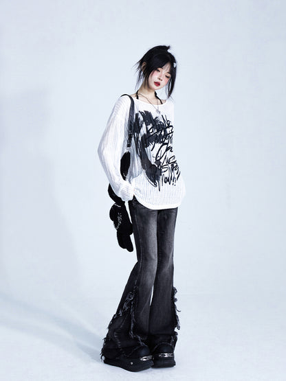 Seams Side with Wash Raw Hem Low-Waisted Black Flare Jeans Vintage