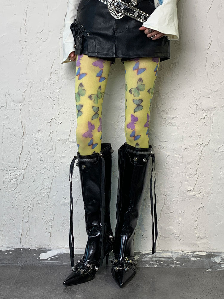 Hellgrüne Y2K-Schmetterlingsstrumpfhose