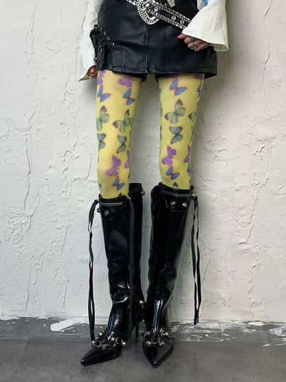 Hellgrüne Y2K-Schmetterlingsstrumpfhose