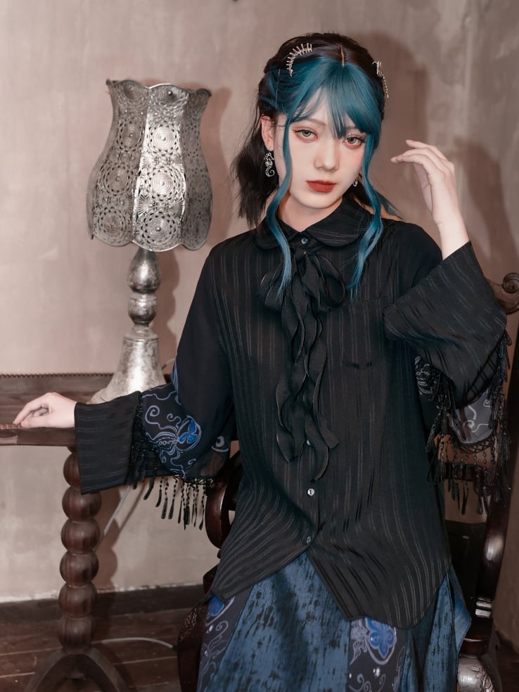 襟付きクラゲ風プリントブラウス、セルフタイ付きブルーピーターブラックパンボウタッセルカフスチャイナドレス