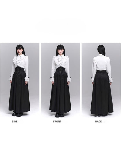 White Placket Waist Ruffled Adjustable Lace-up Goth with Blouse Victorian