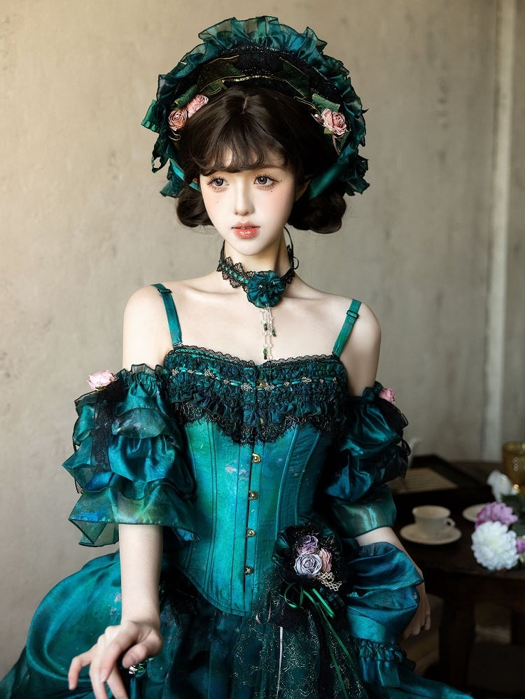 緑の蝶結びと花飾りのロリータ帽子