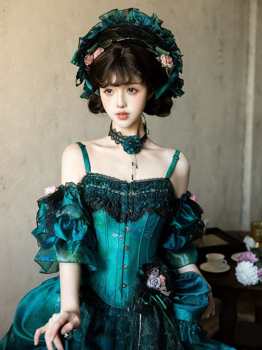 緑の蝶結びと花飾りのロリータ帽子