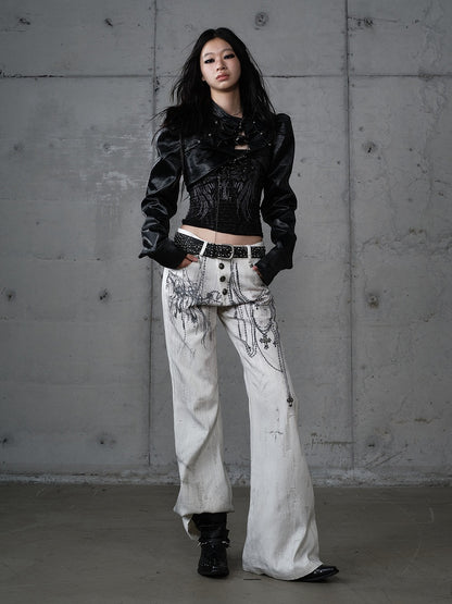 mit Kettennieten Print Punk Cross Hose Button-Up Wide-Leg Fly Weiß