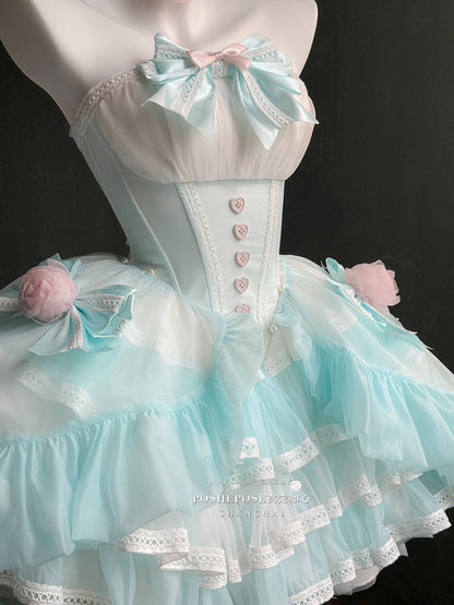 Grünes, trägerloses, bauschiges Balletcore-Kleid mit Taillenstäbchen