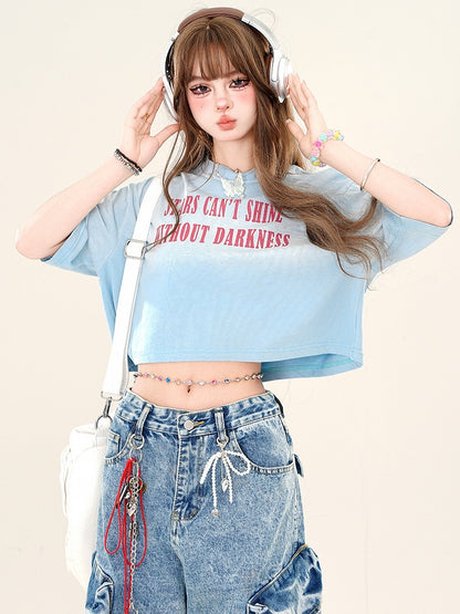 グラデーションカラー ローズピンク/ブルー文字 クロップTシャツ