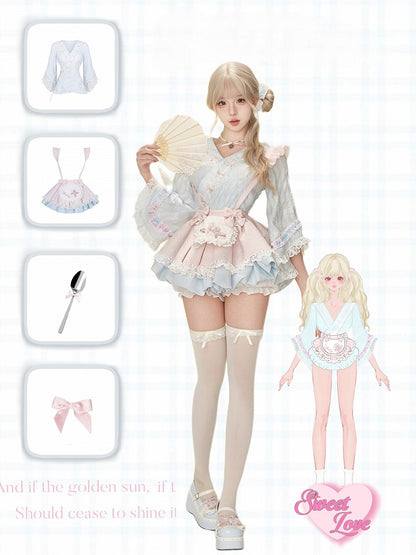 Blue Kimono-Style Long Sleeve Top with Ruffled Lace Accents