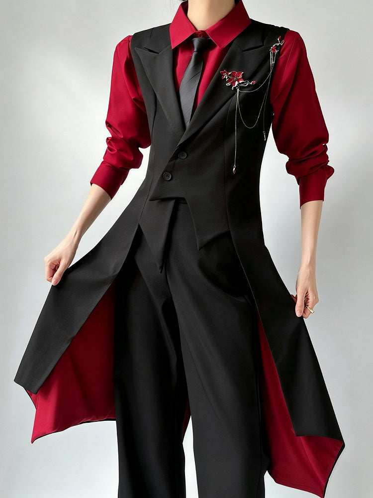 Red Inner Lining Black Tailcoat Dark Prince Waistcoat - ROAE