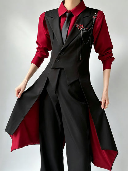 Red Inner Lining Black Tailcoat Dark Prince Waistcoat - ROAE