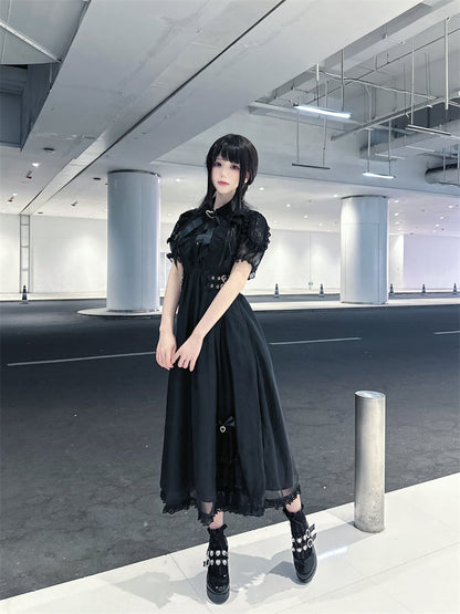 Hem Ruffles Tiered Dress Jirai Kei Black Chiffon Heart Buckles Waist