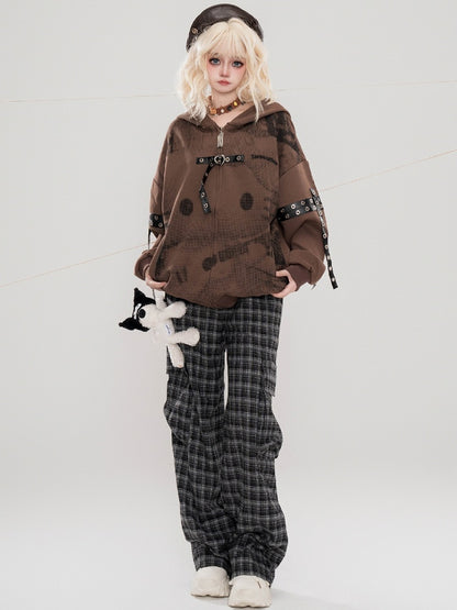 ブラックチェック柄カーゴポケットデザインストレートレッグカットパンツ