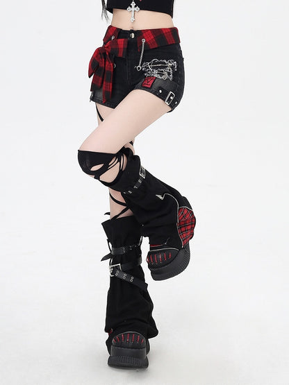 赤いデニムショートパンツ チェック柄 蝶結び 黒 グラマラス