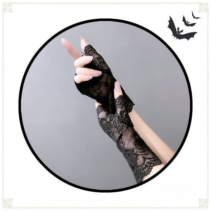Gloves Fingerless Black/White Lace