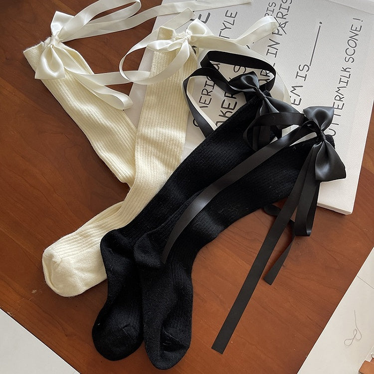 White/Black Sweet Bow Ribbon Calf Socks