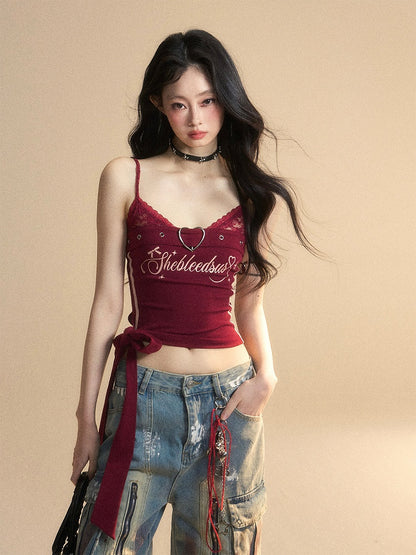 サイドキャミワインレッドVネックグラマラスクロップトップ、大きなリボン付き