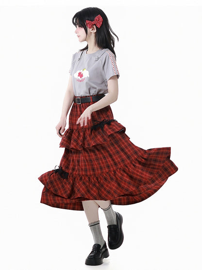 Round Neck Gray Cherry Print T-Shirt